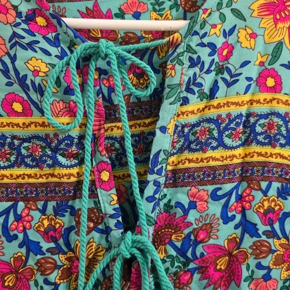 R.Vivimos Women's Floral Print Boho V Neck Tassel Midi Dress Teal Size M - Picture 3 of 3